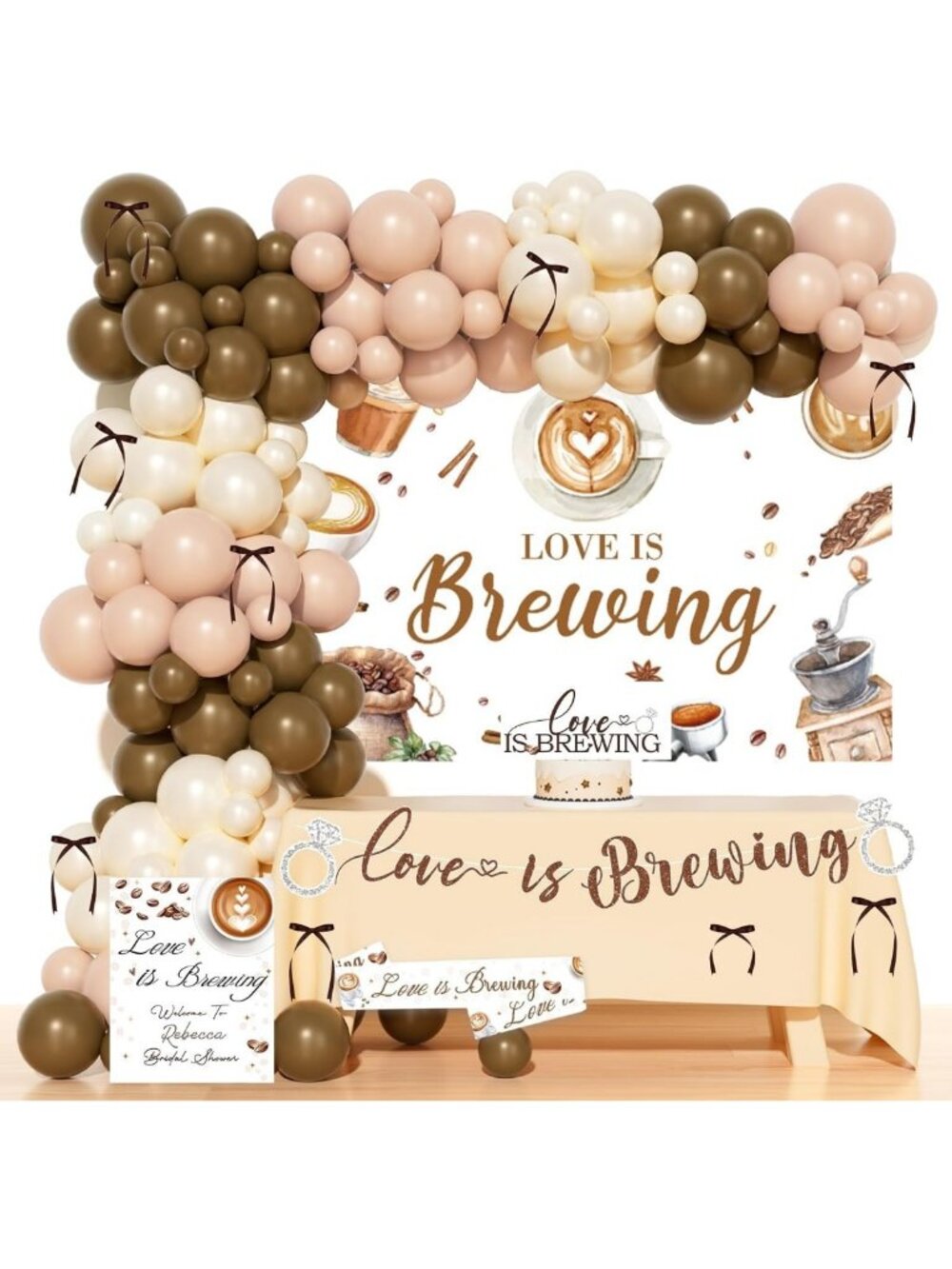 Love is Brewing Coffee Bridal Shower Decor - Balloon Garland, Cake Topper